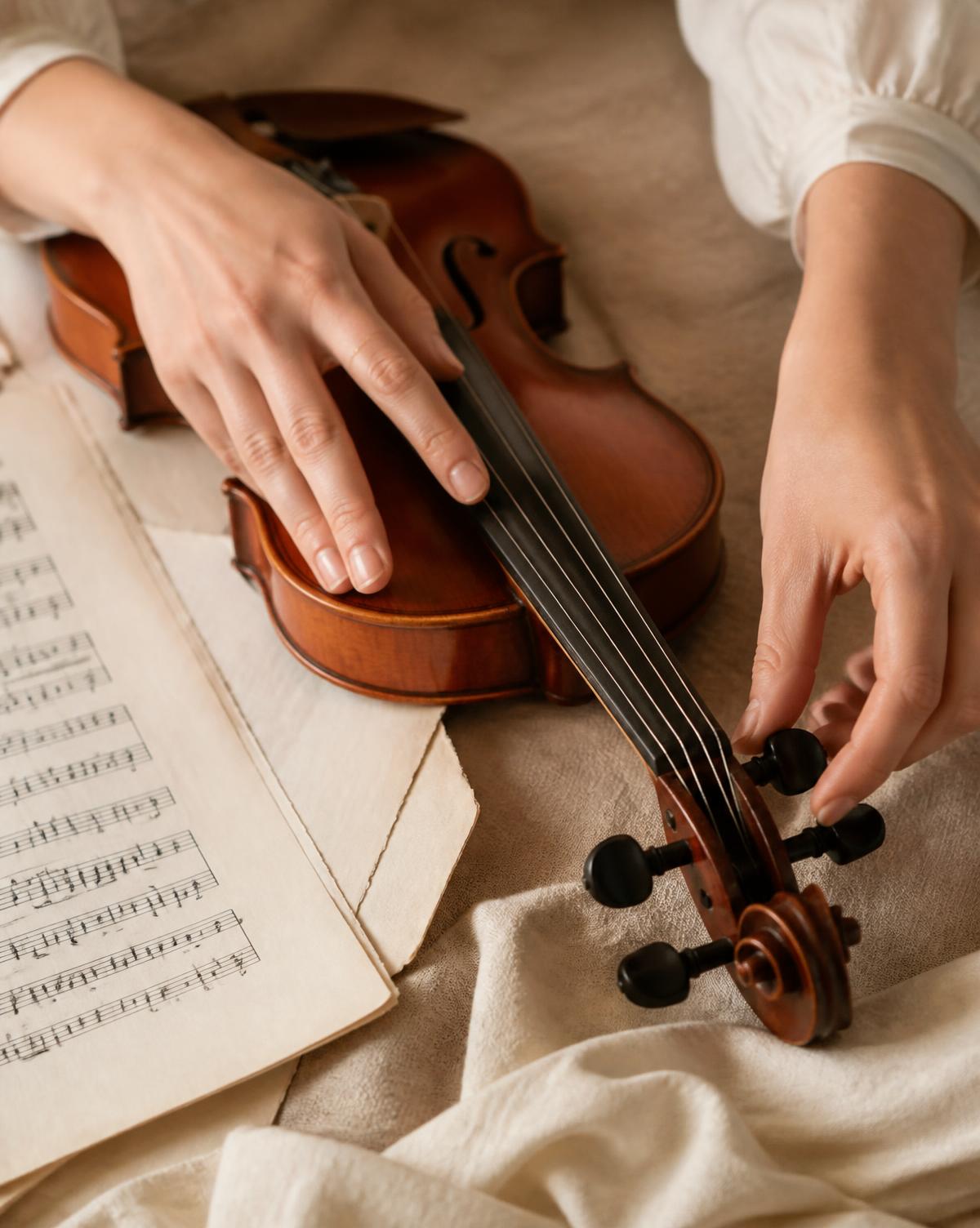 Hands carefully adjusting a violin beside sheet music
